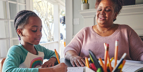Mother and her child doing homework at together